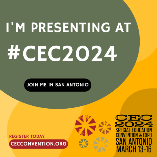 Over a yellow background, a green circle reads "I'm presenting at #CEC2024. See you in San Antonio." In the lower corners are red text that says "Register today - cecconvention.org" and the CEC 2024 Convention logo.