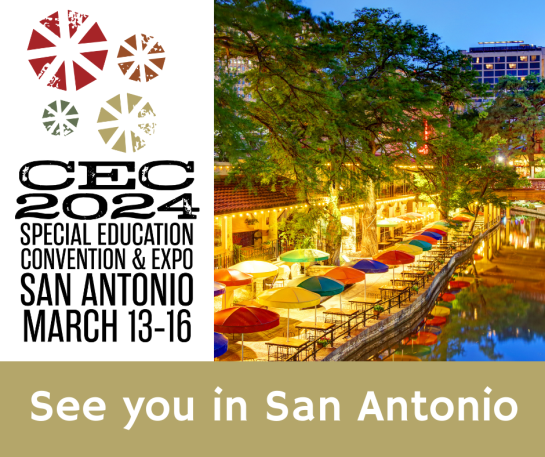 To the left, the CEC 2024 Convention logo. To the right, an image of colorful umbrellas on the San Antonio Riverwalk. Text in a green box reads "See you in San Antonio."