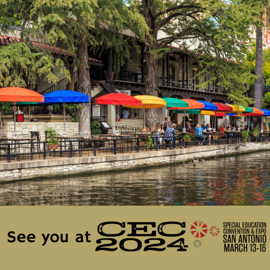 An image of colorful umbrellas on the San Antonio Riverwalk. Text in a green box reads "See you at CEC 2024."