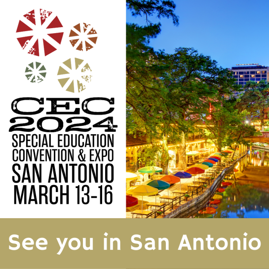 To the left, the CEC 2024 Convention logo. To the right, an image of colorful umbrellas on the San Antonio Riverwalk at night. Text in a yellow box reads "See you in San Antonio."