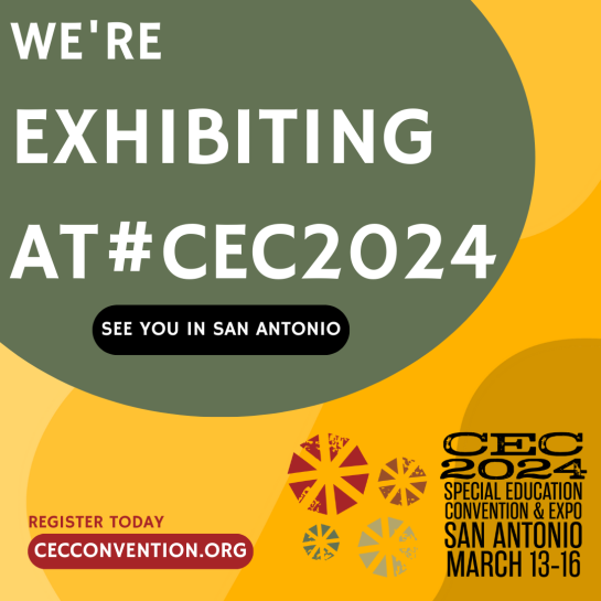 Over a yellow background, a green circle reads "We're exhibiting at #CEC2024. See you in San Antonio." In the lower corners are red text that says "Register today - cecconvention.org" and the CEC 2024 Convention logo.