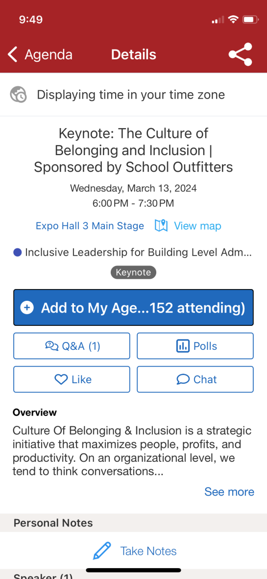 A screenshot of a session listing in the Whova app for "Keynote: The Culture of Belonging & Inclusion"