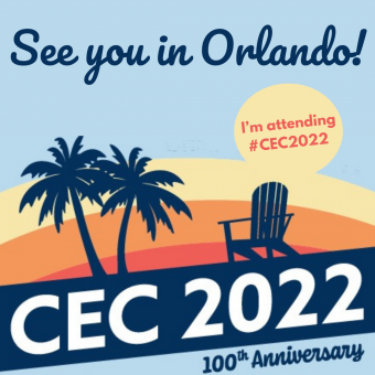 Social media graphic with the CEC 2022 logo with "See You in Orlando" at the top. "I'm attending #CEC2022" is in the space where the "sun" is